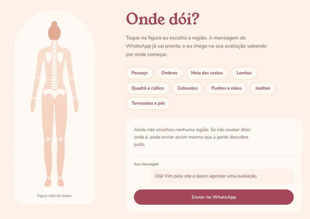 Seção “Onde dói?”: figura do corpo com regiões para tocar e a mensagem do WhatsApp montada ao lado.